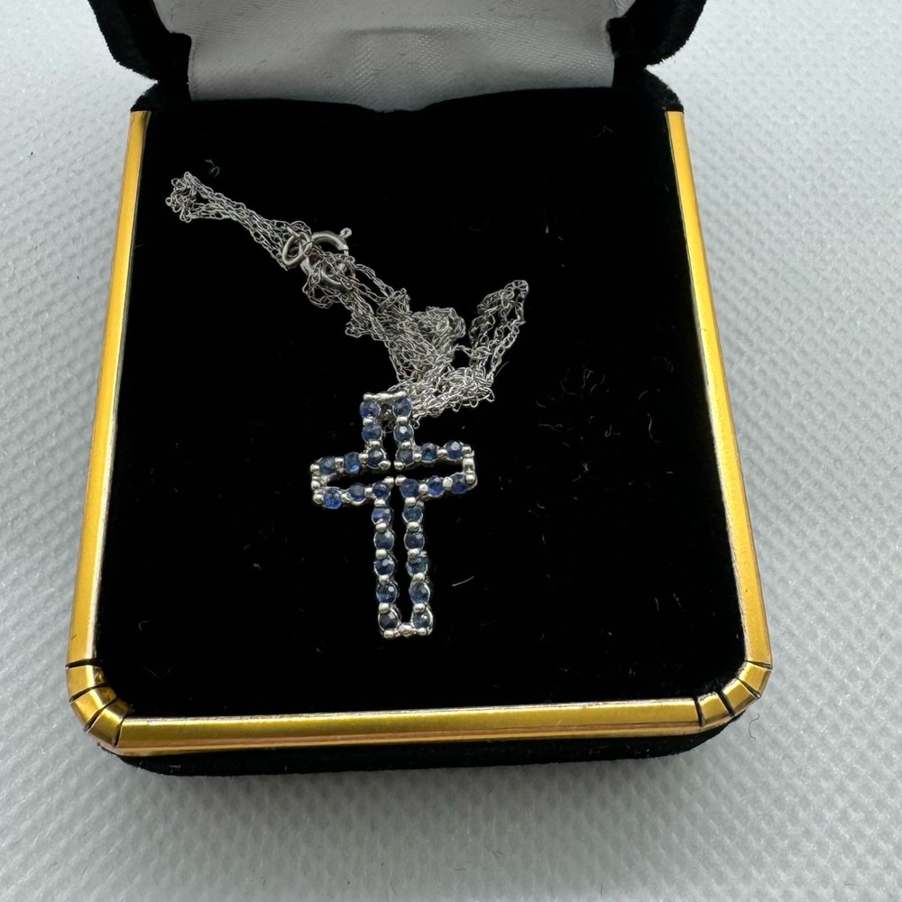 Genuine, blue sapphire 10k stamped cross with 10 K chain